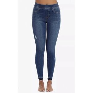 Spanx Shape & Lift Distressed Skinny Jeans Womens M Blue Raw Hem Tummy Control